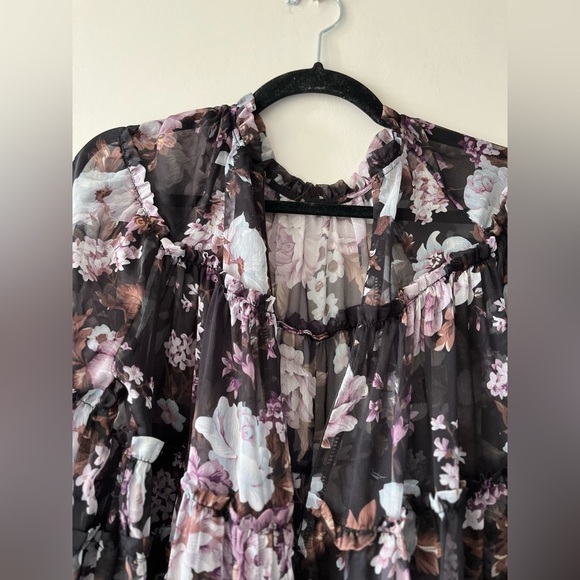 Beulah Style Sheer Floral Purple Tiered Ruffled Trim Long Dress (Sz Large) - Picture 12 of 14